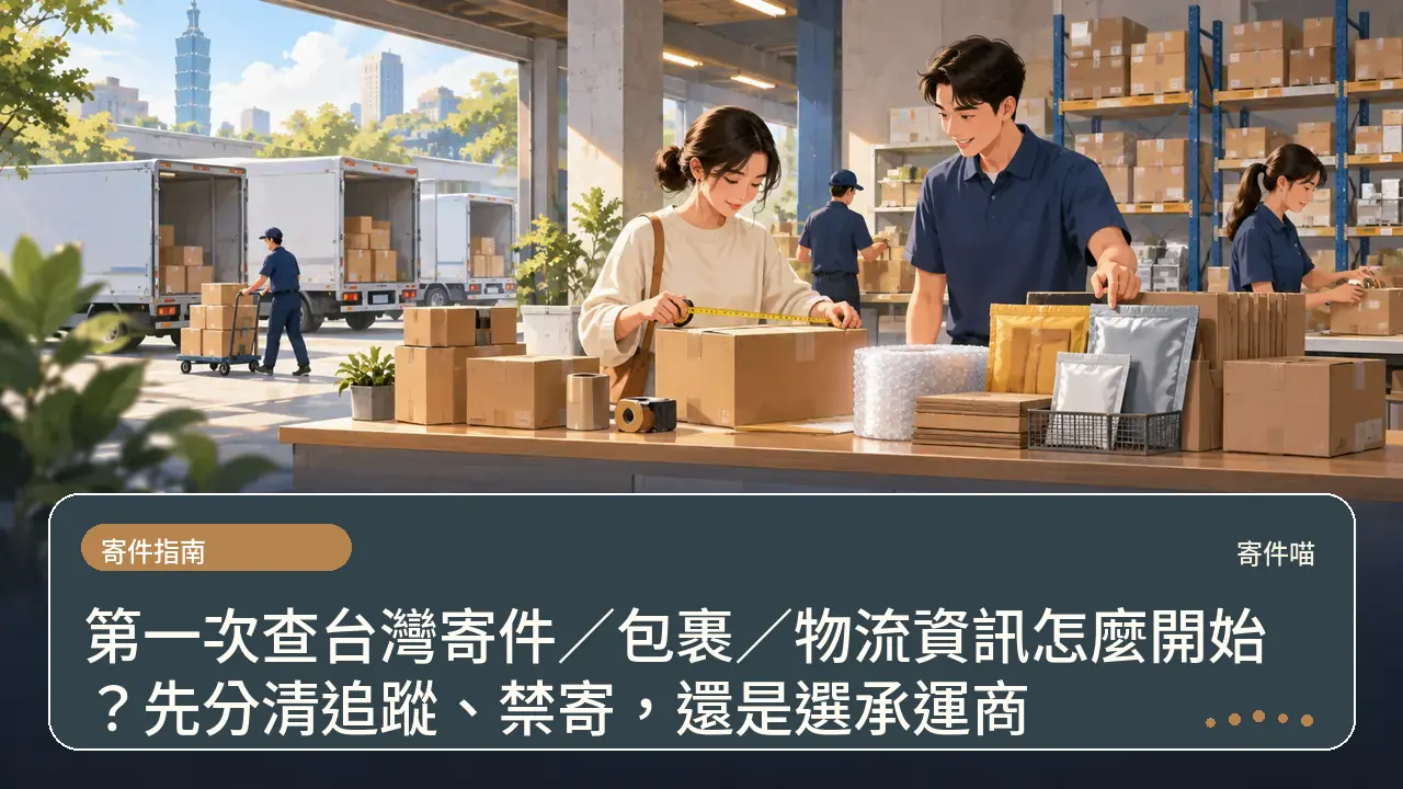 第一次查台灣寄件／包裹／物流資訊怎麼開始？先分清追蹤、禁寄，還是選承運商主題插畫