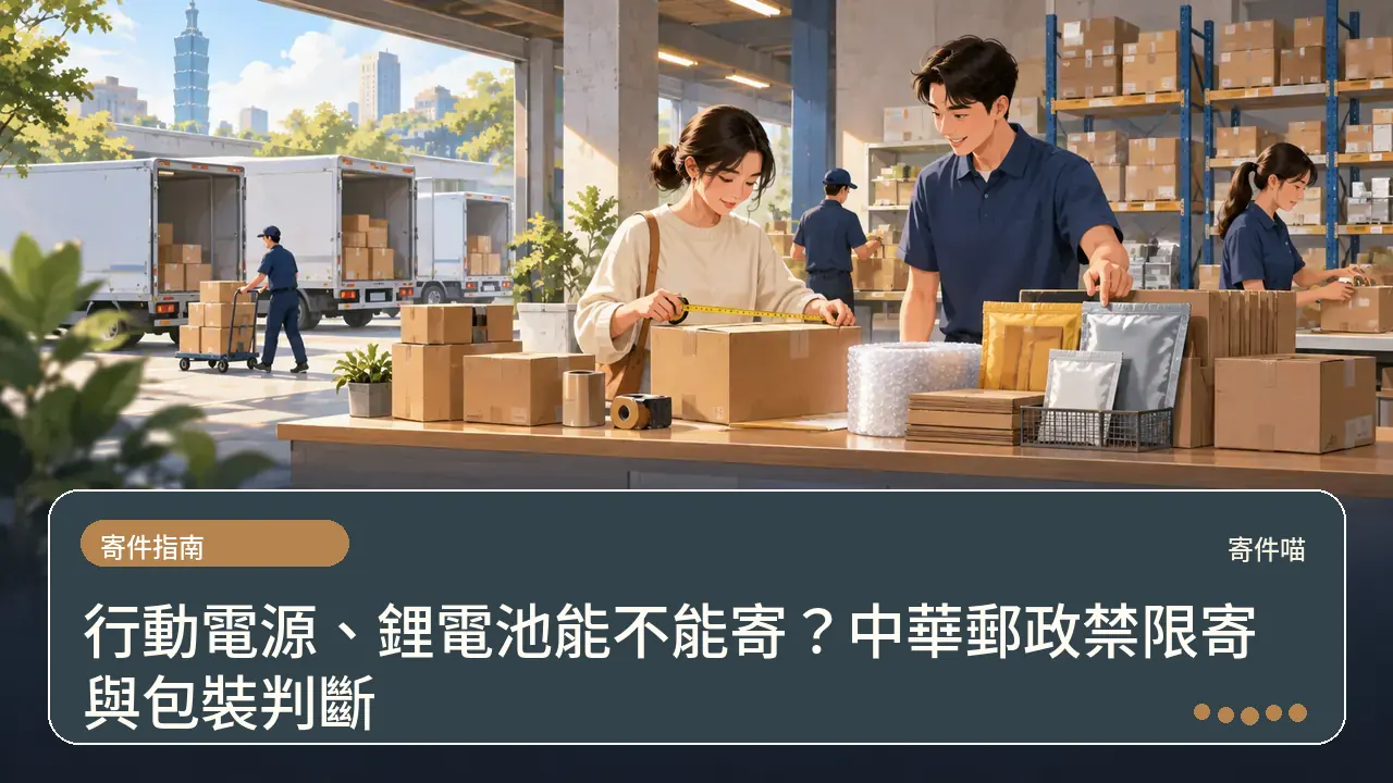 行動電源、鋰電池能不能寄?中華郵政禁限寄與包裝判斷主題插畫