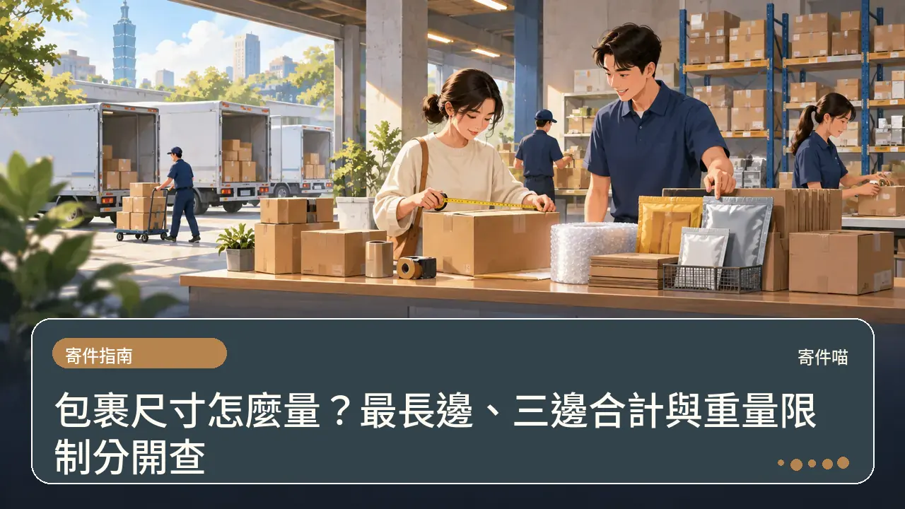 包裹尺寸怎麼量？最長邊、三邊合計與重量限制分開查主題插畫