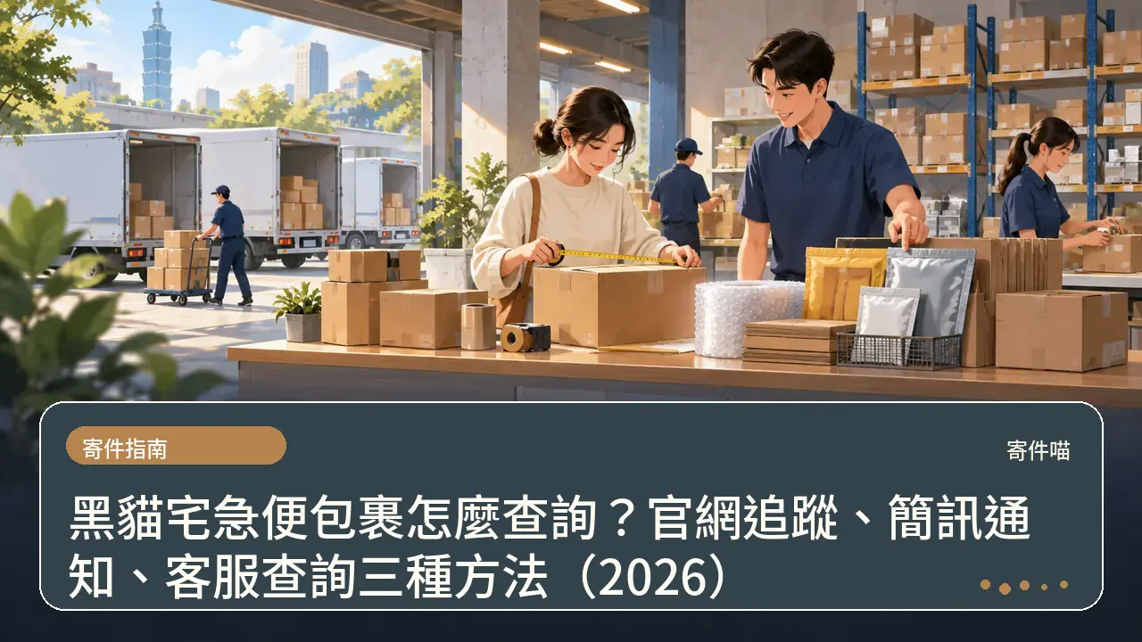 黑貓宅急便包裹怎麼查詢?官網追蹤、簡訊通知、客服查詢三種方法(2026)主題插畫